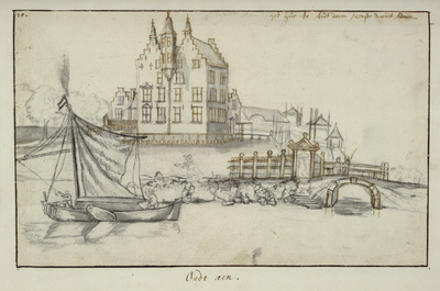 135432 Gezicht vanaf de Vecht op de voor- en zijgevel van het kasteel Oudaen bij Breukelen, met op de voorgrond de ...